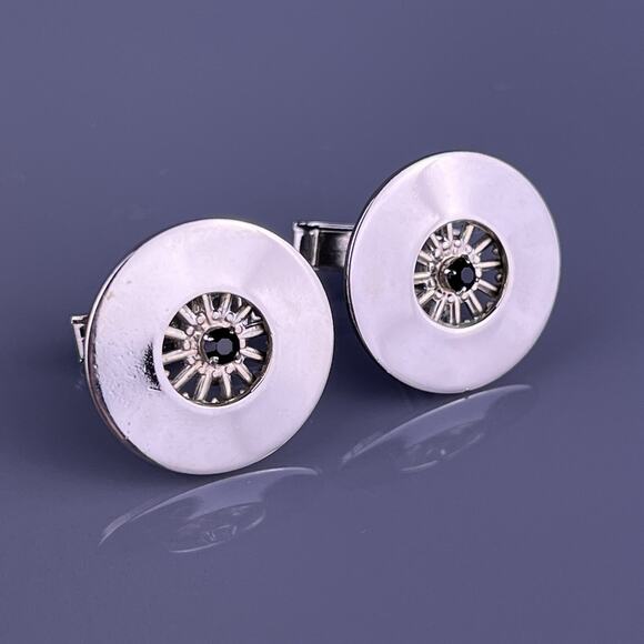 Unbranded Other - Round Black Glass Cufflinks Silver Tone Wheel Spokes Polished Finish Vintage